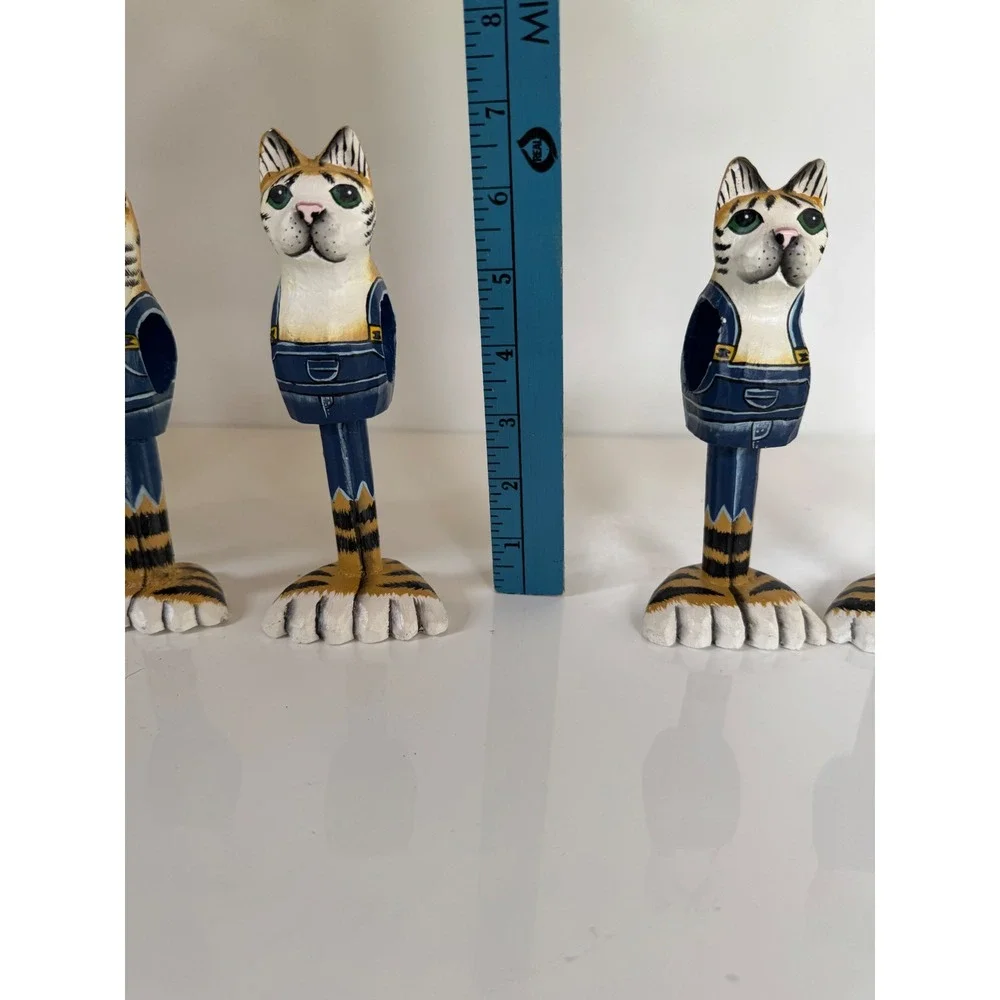 Vintage Hand Painted Wooden Cat Napkin Rings Set of 8 Tabby Overalls Folk Art